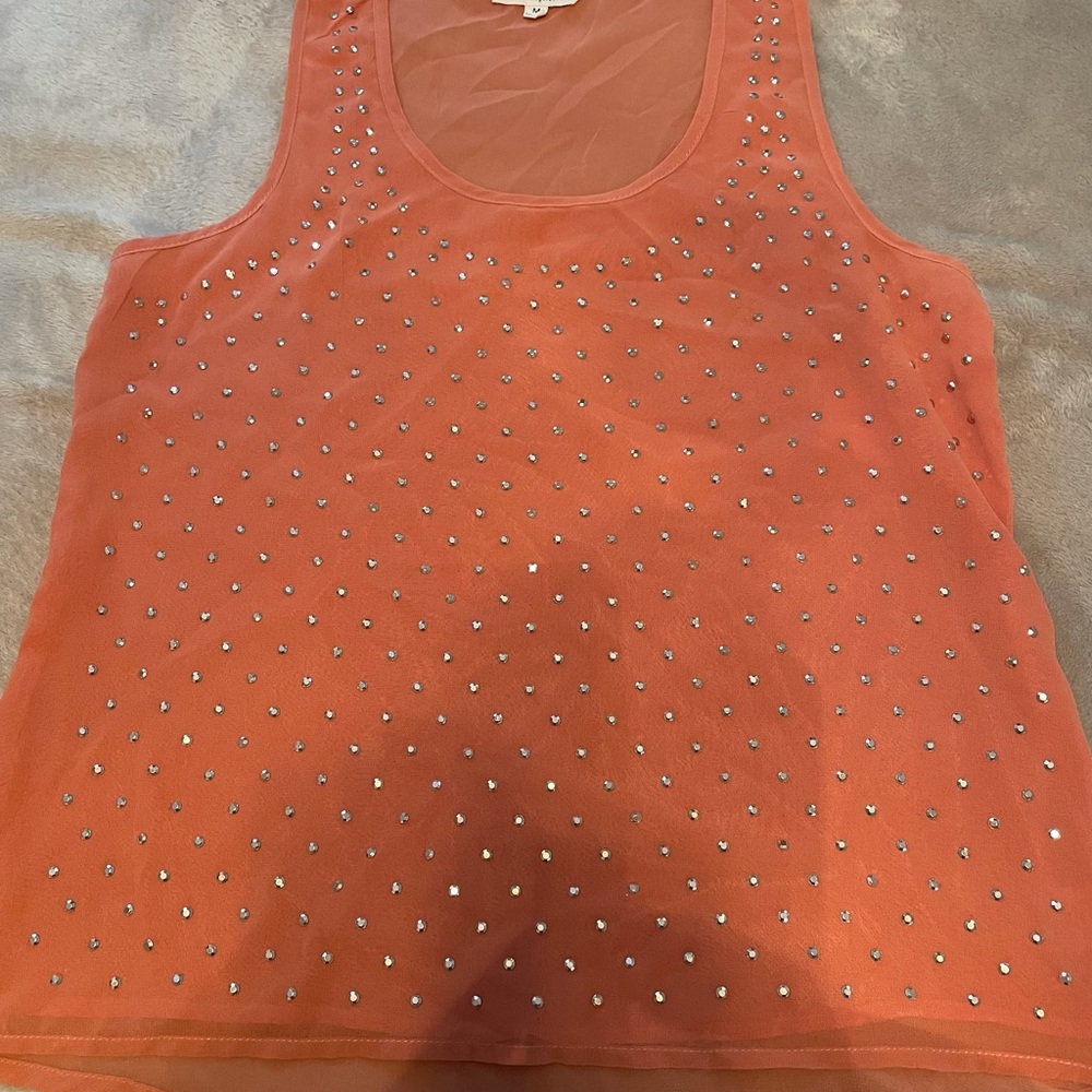 Sheer peach color top with rhinestones, M, $15